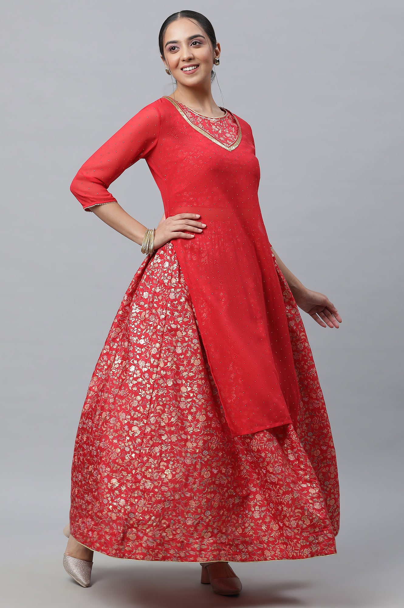 Red Embellished Kurta, Inner Crop Top and Flared Skirt Set