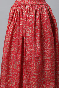 Red Embellished Kurta, Inner Crop Top and Flared Skirt Set