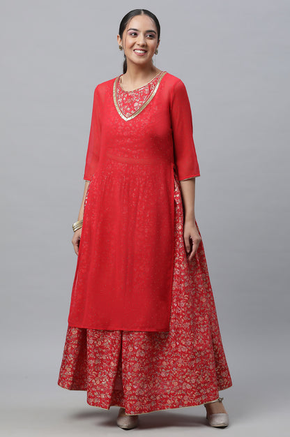 Red Embellished Kurta, Inner Crop Top and Flared Skirt Set