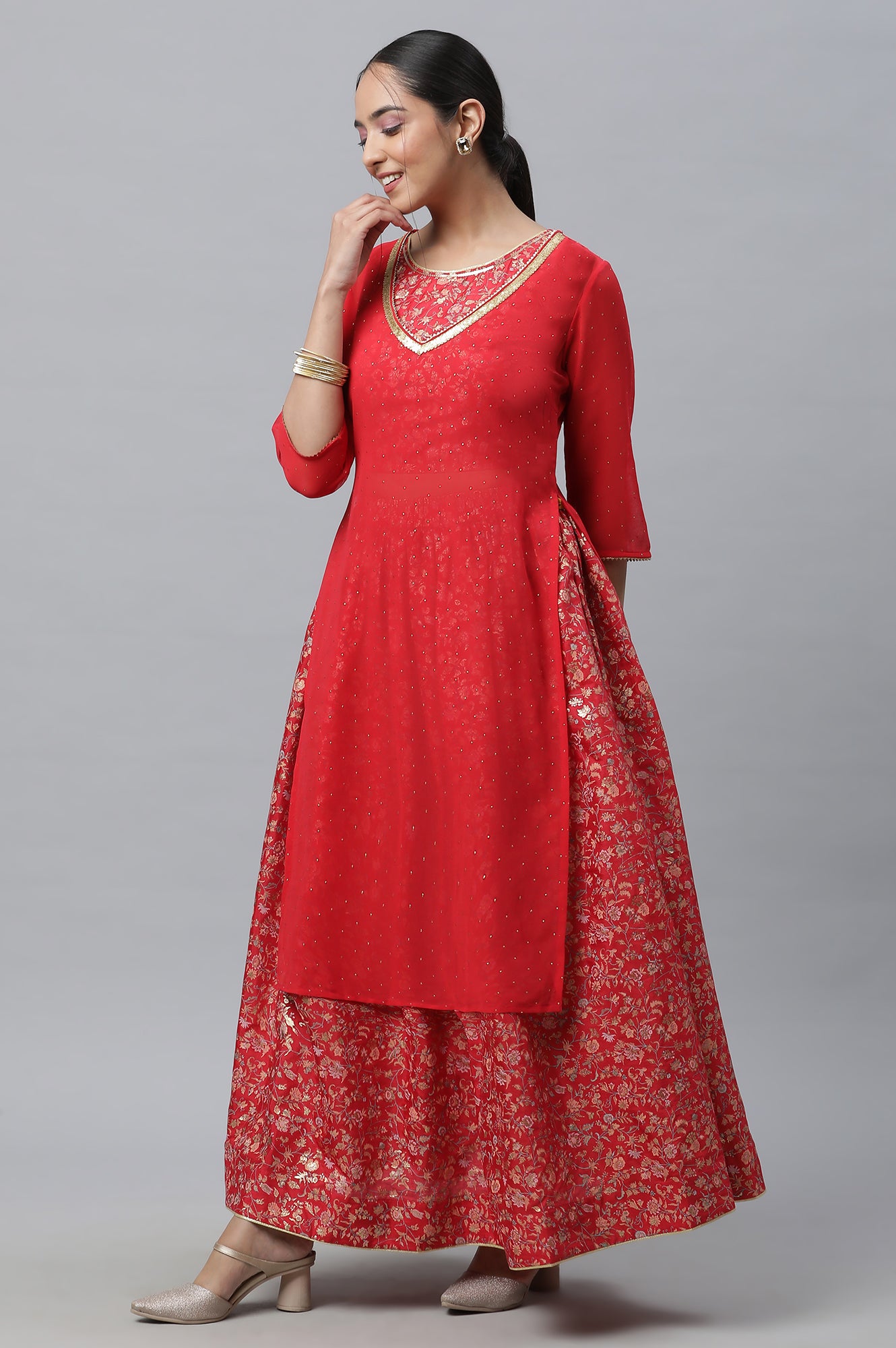 Red Embellished Kurta, Inner Crop Top and Flared Skirt Set