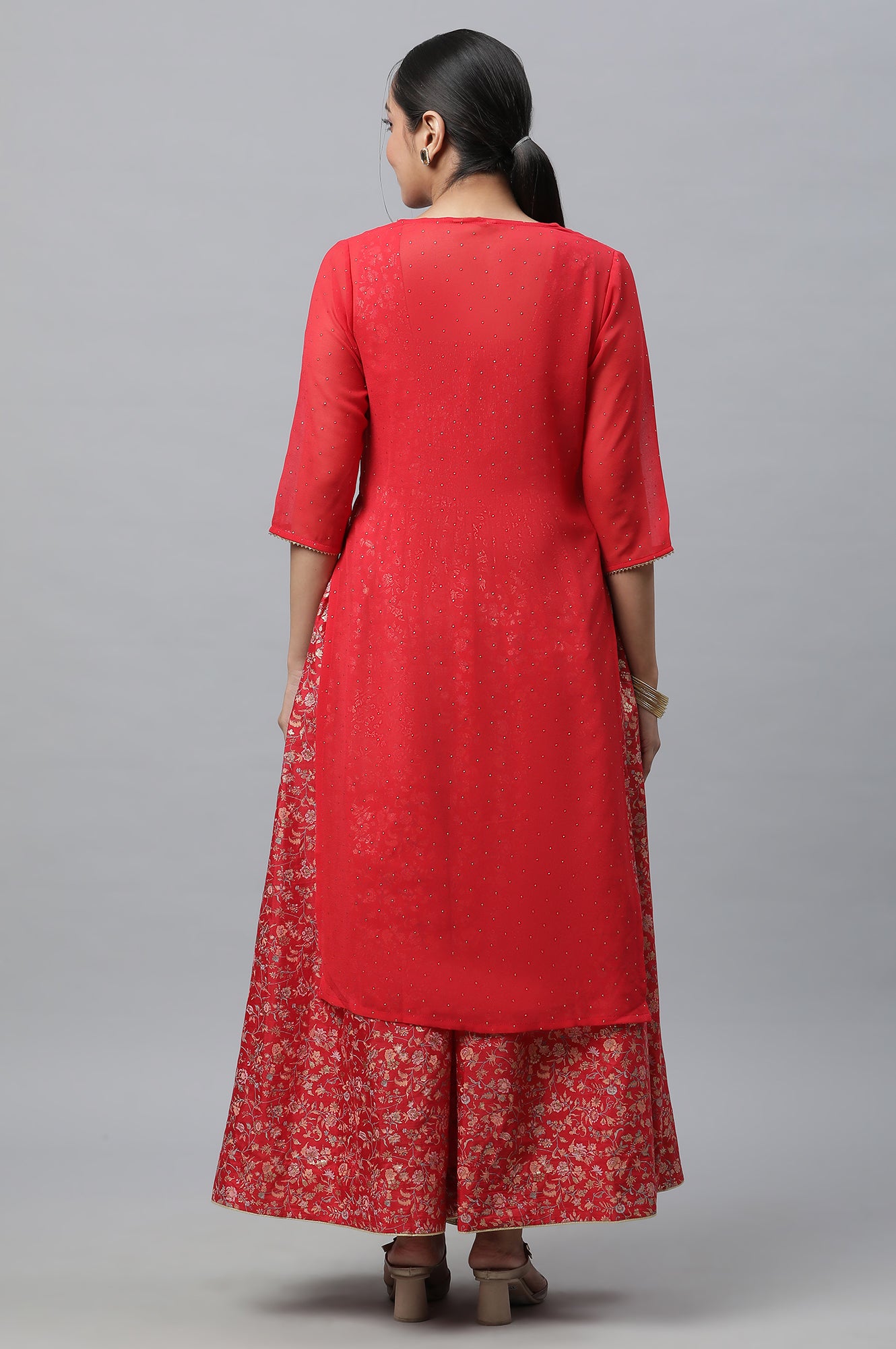 Red Embellished Kurta, Inner Crop Top and Flared Skirt Set