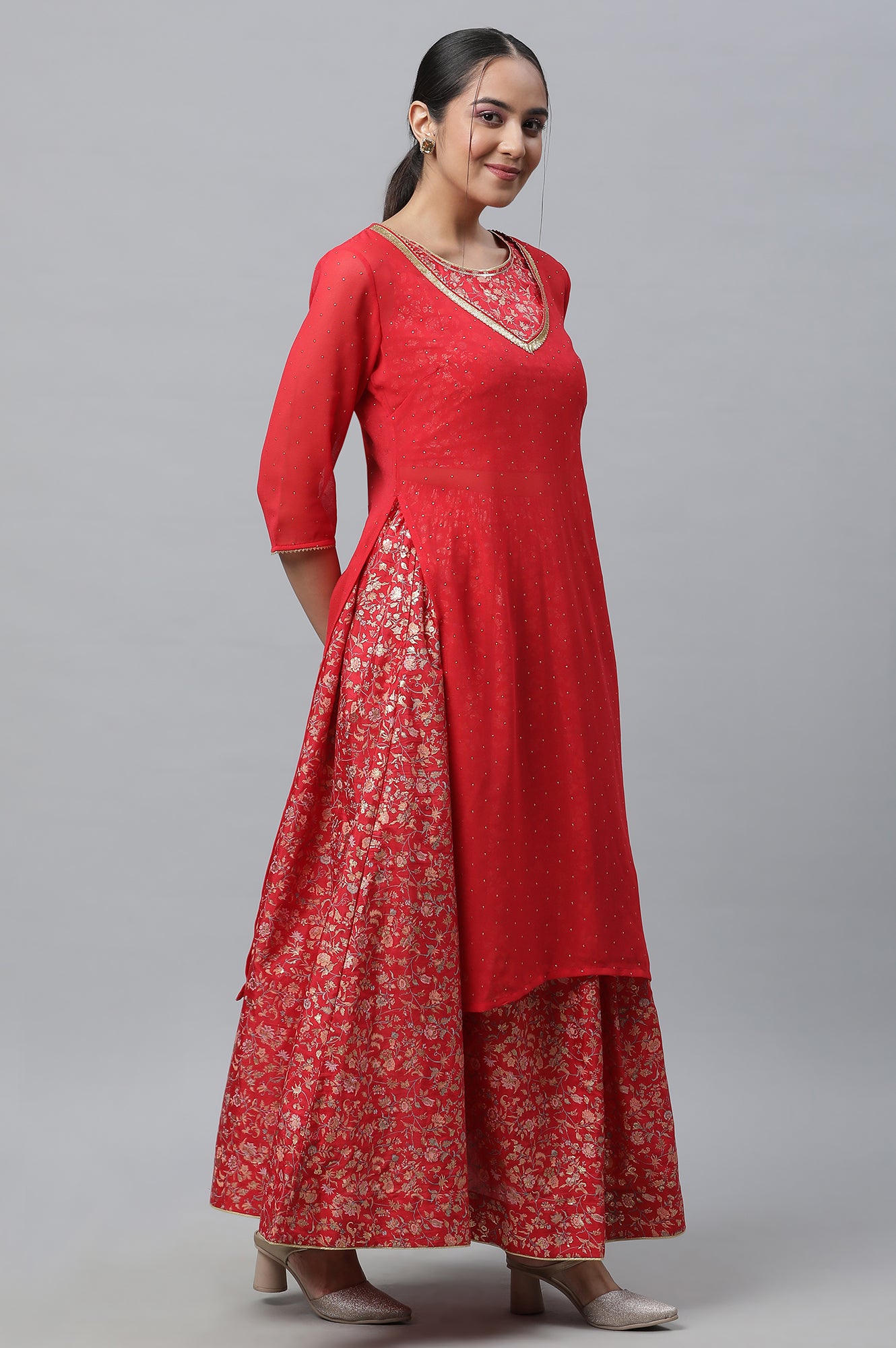 Red Embellished Kurta, Inner Crop Top and Flared Skirt Set