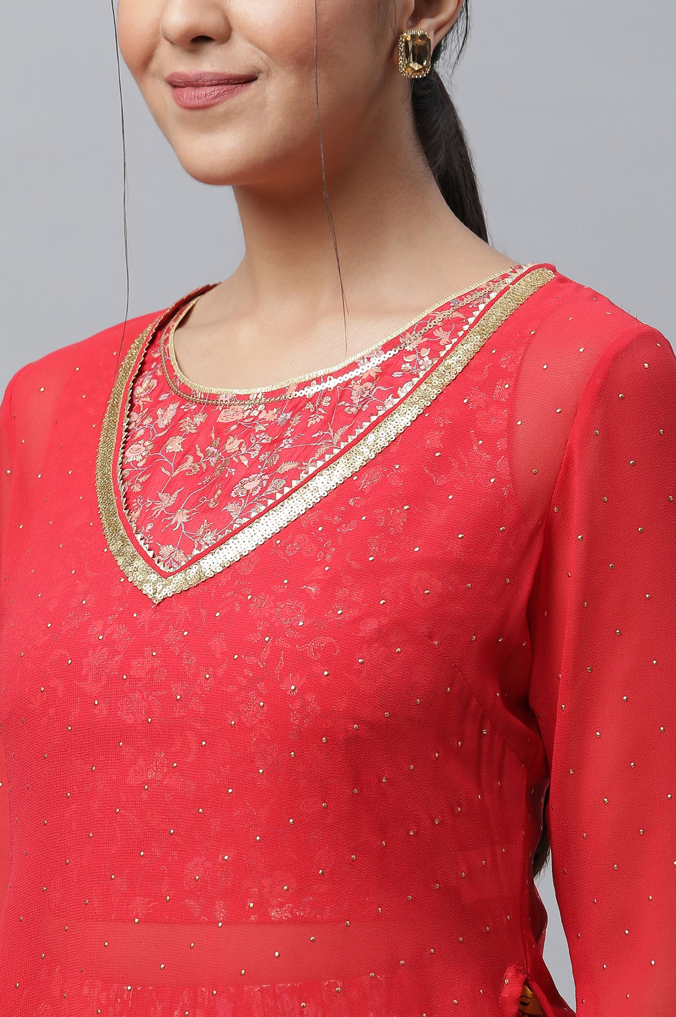 Red Embellished Kurta, Inner Crop Top and Flared Skirt Set