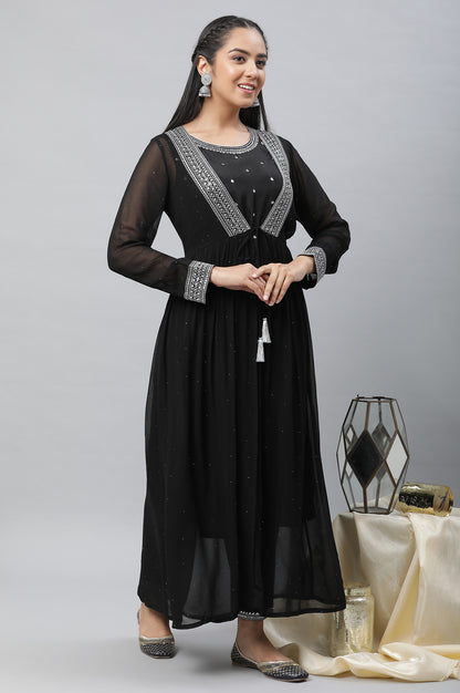 Black Embroidered Sheer Gilet, Kurta and Pants Set