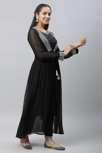 Black Embroidered Sheer Gilet, Kurta and Pants Set