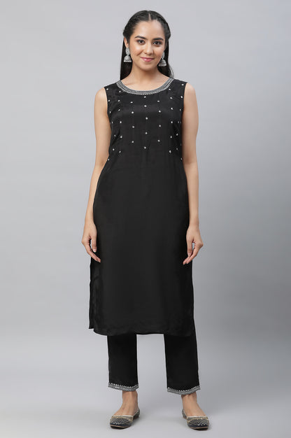 Black Embroidered Sheer Gilet, Kurta and Pants Set