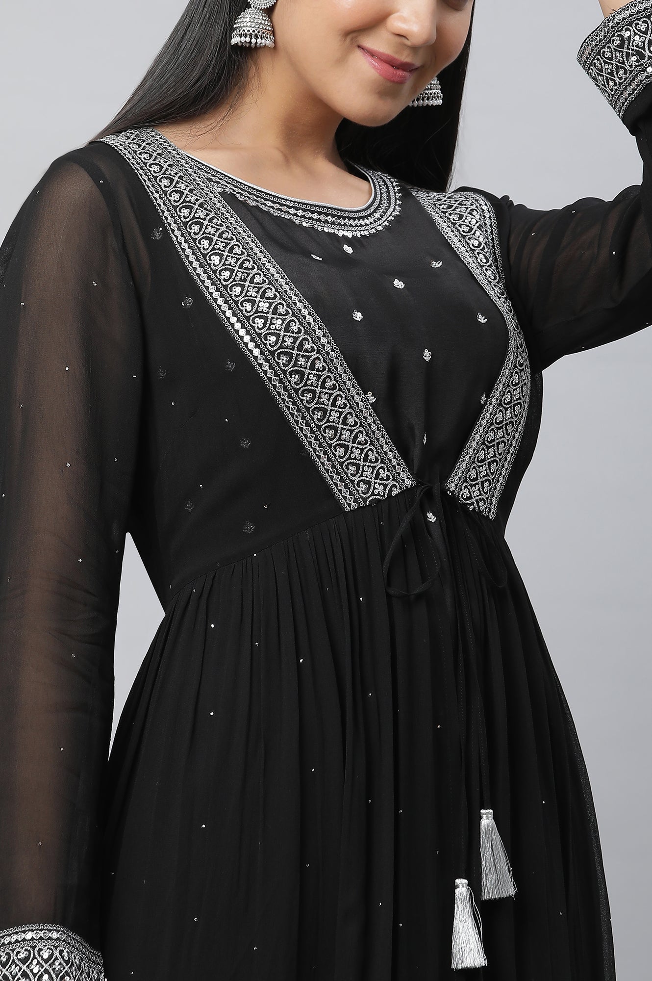 Black Embroidered Sheer Gilet, Kurta and Pants Set