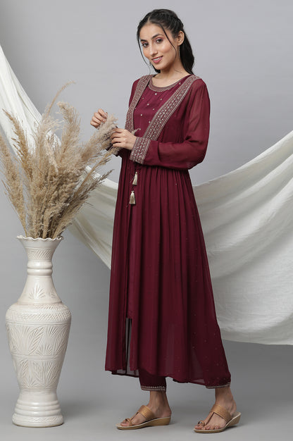 Wine Embroidered Sheer Gilet, Kurta and Pants Set