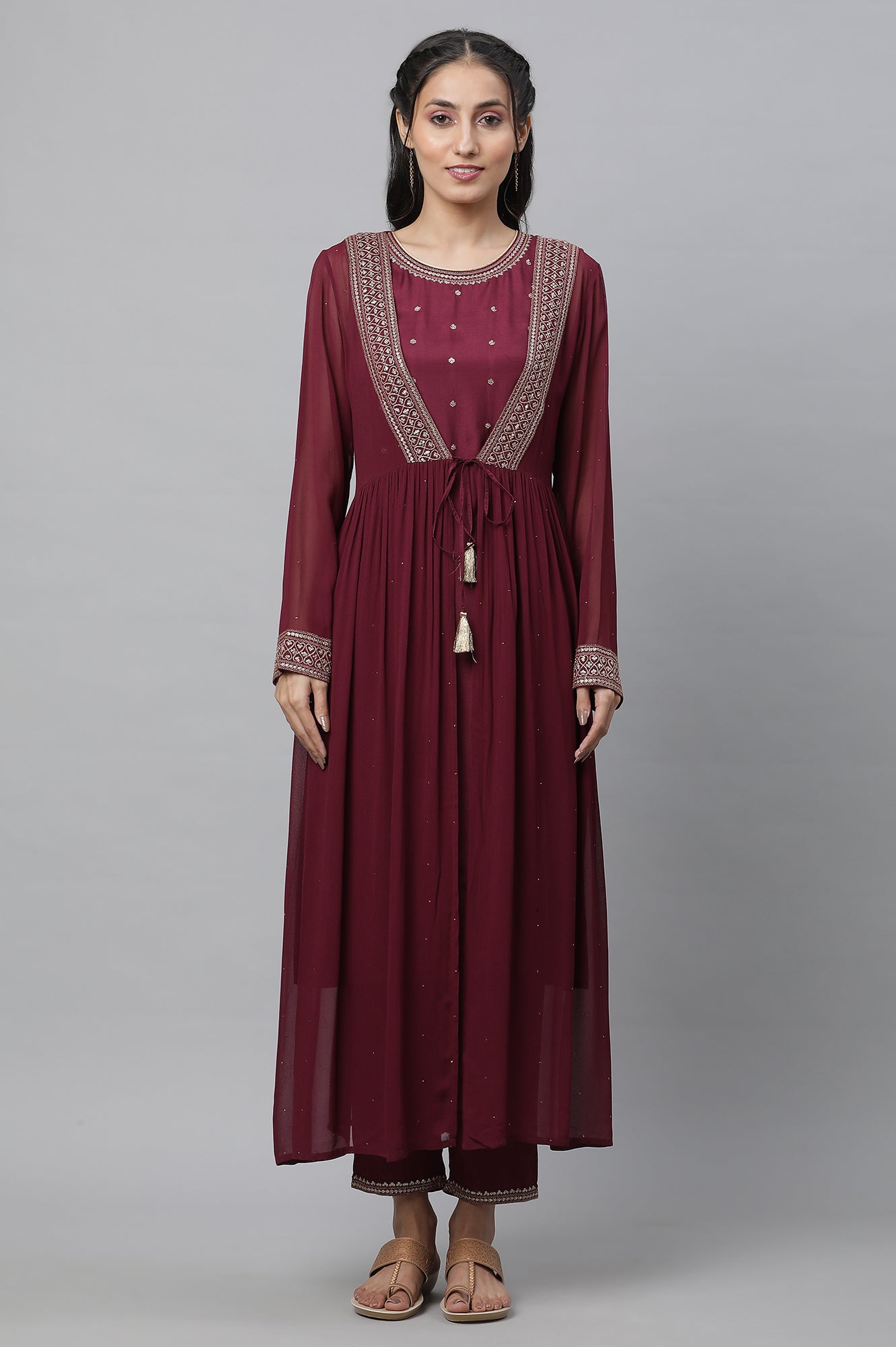 Wine Embroidered Sheer Gilet, Kurta and Pants Set