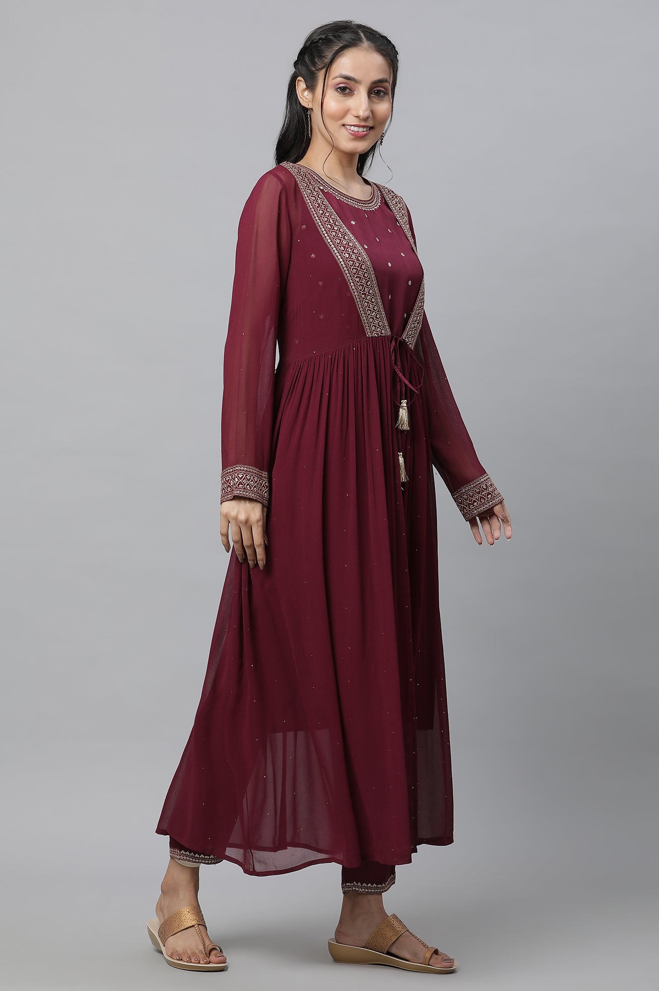 Wine Embroidered Sheer Gilet, Kurta and Pants Set