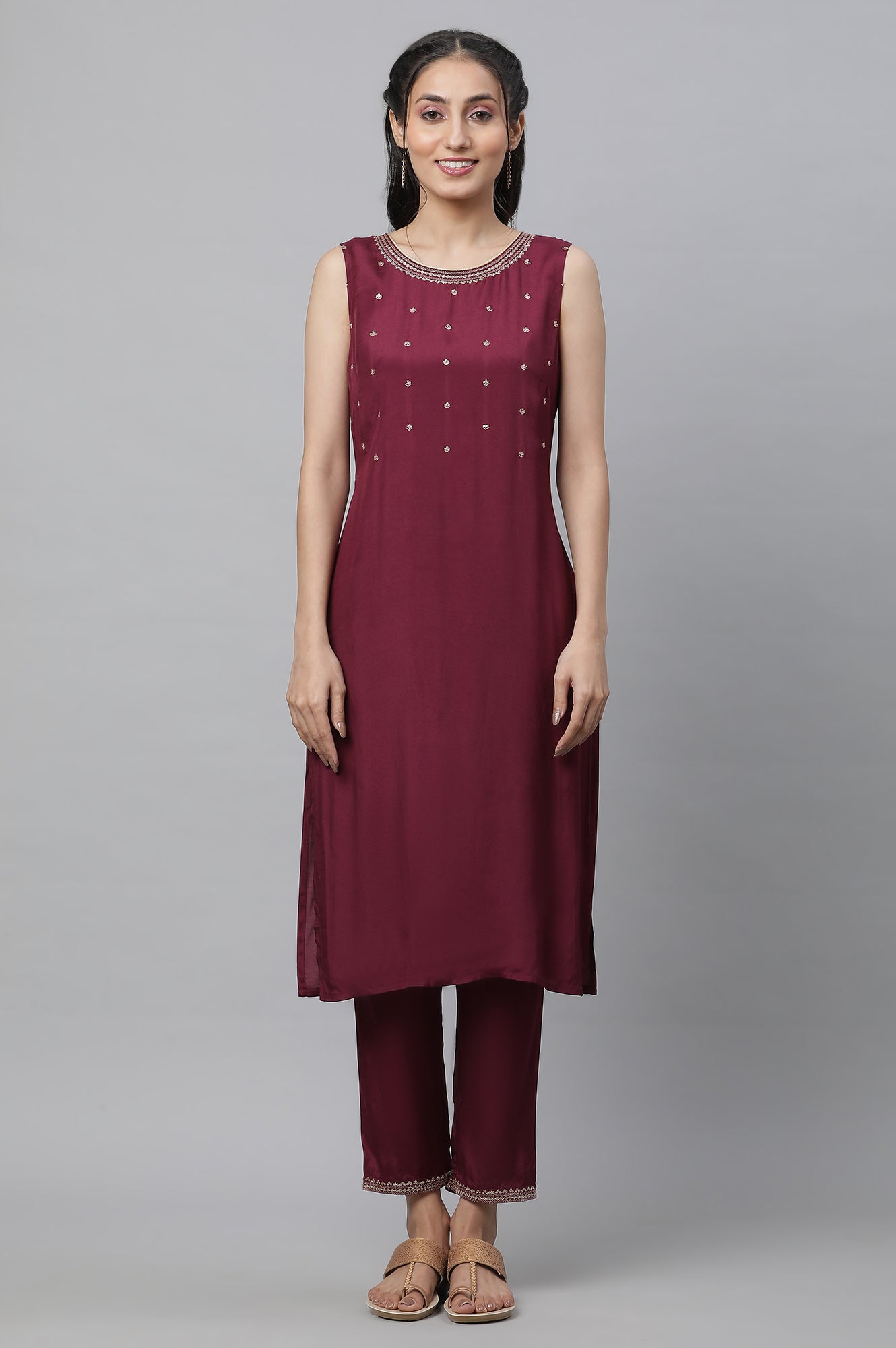 Wine Embroidered Sheer Gilet, Kurta and Pants Set