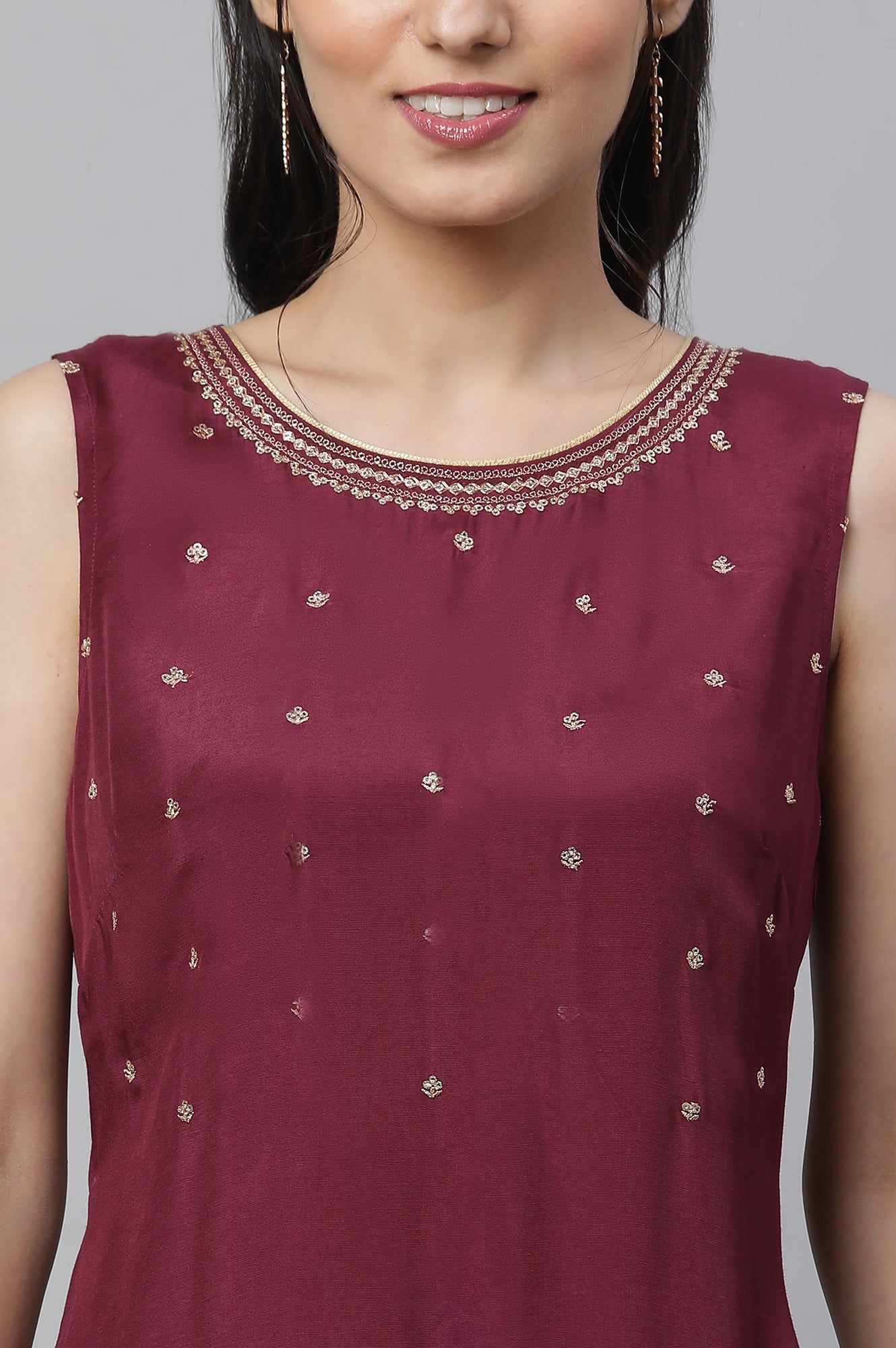 Wine Embroidered Sheer Gilet, Kurta and Pants Set