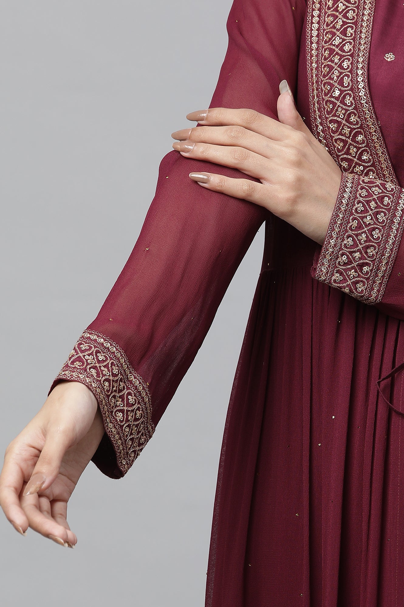 Wine Embroidered Sheer Gilet, Kurta and Pants Set