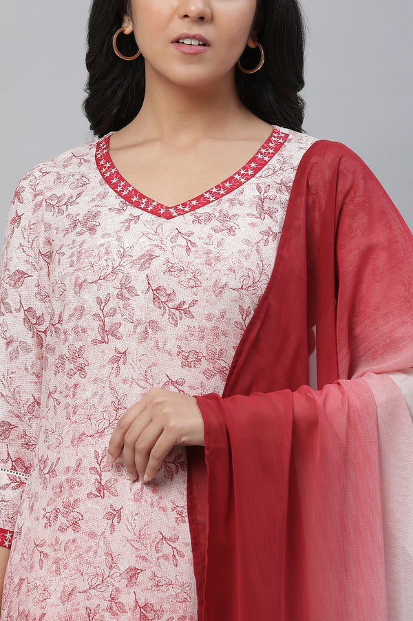 Red Floral Printed Kurta, Pants & Dupatta Set