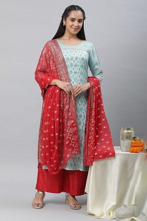 Blue Embellished Festive Kurta, Palazzo & Dupatta Set