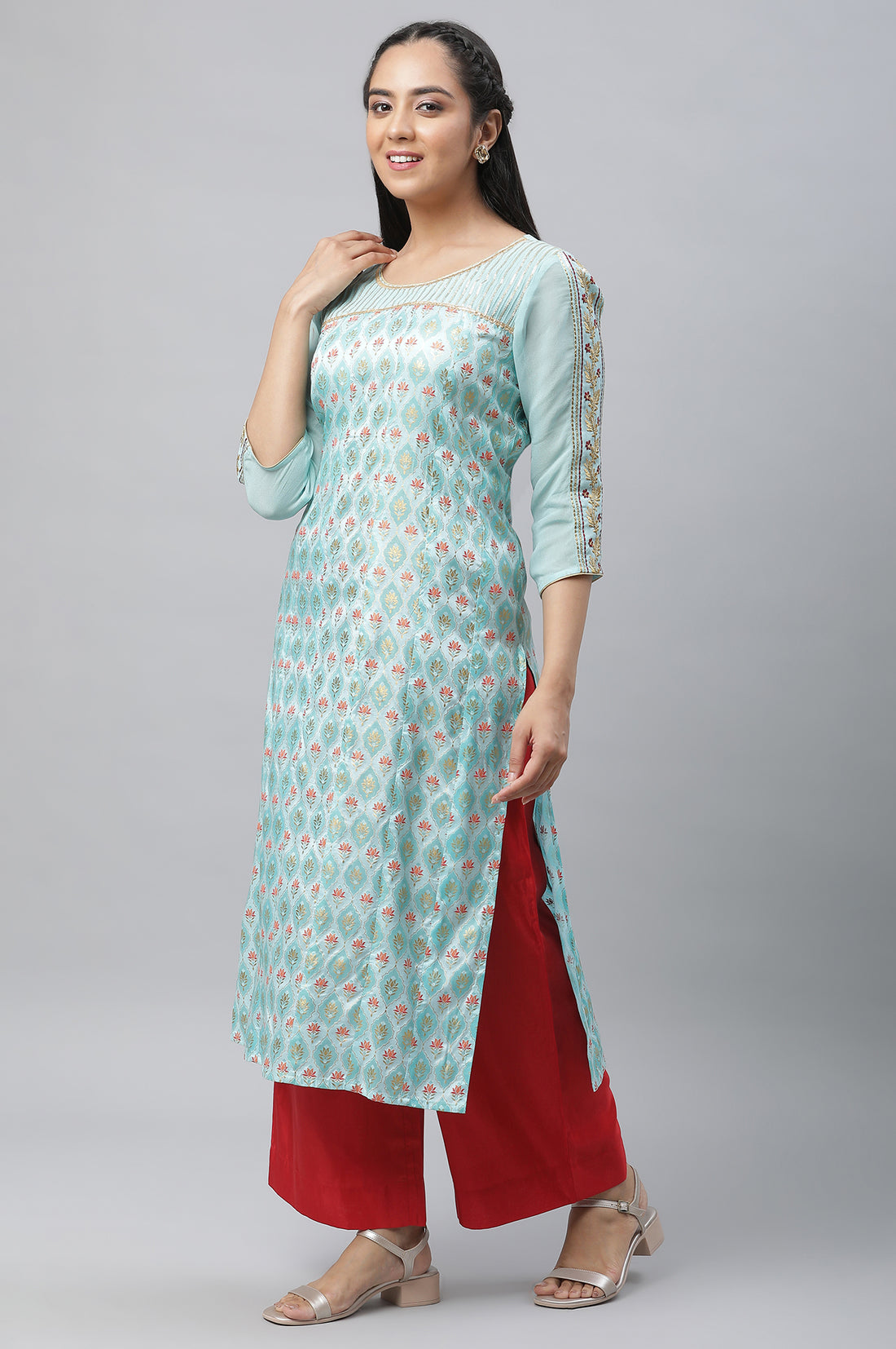 Blue Embellished Festive Kurta, Palazzo &amp; Dupatta Set