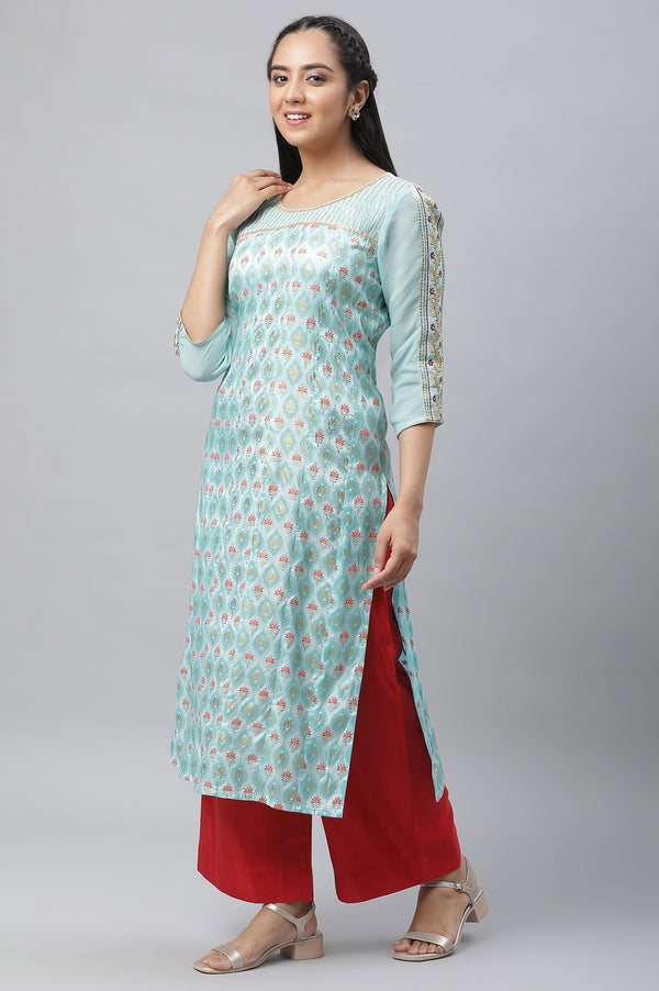 Blue Embellished Festive Kurta, Palazzo & Dupatta Set