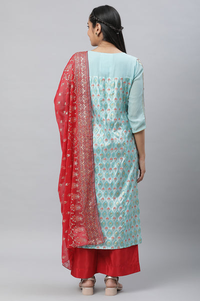 Blue Embellished Festive Kurta, Palazzo & Dupatta Set