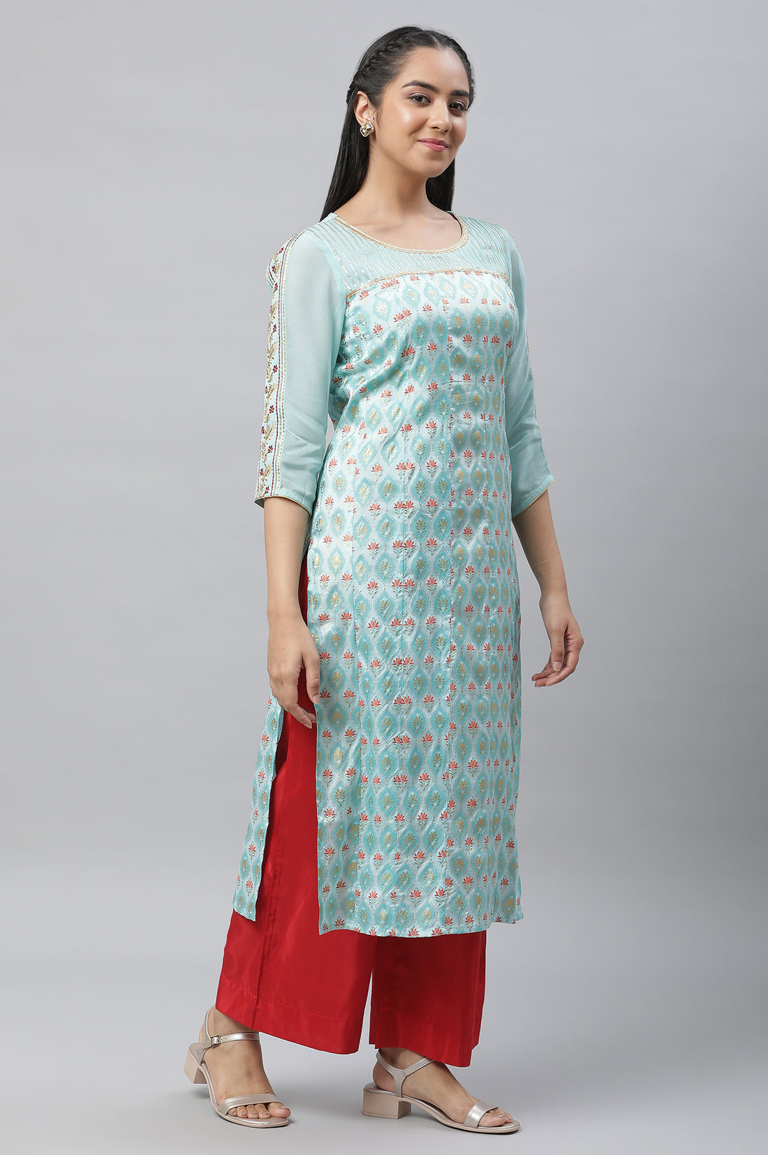 Blue Embellished Festive Kurta, Palazzo &amp; Dupatta Set