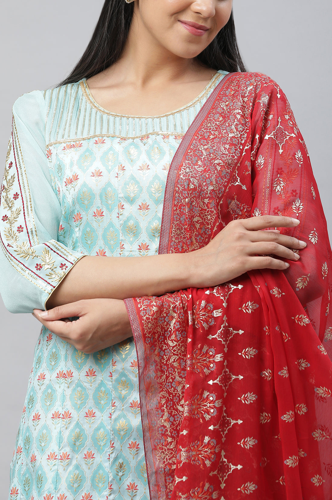 Blue Embellished Festive Kurta, Palazzo &amp; Dupatta Set