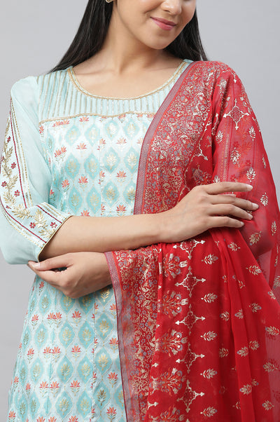 Blue Embellished Festive Kurta, Palazzo & Dupatta Set