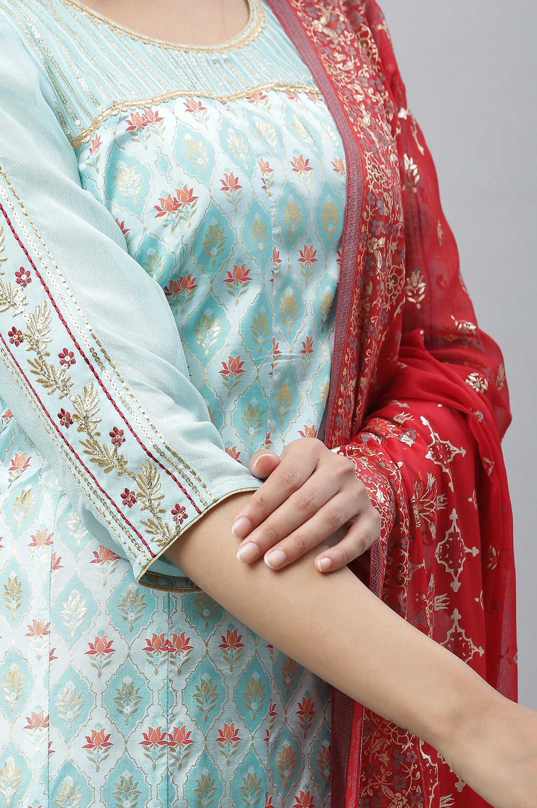Blue Embellished Festive Kurta, Palazzo &amp; Dupatta Set