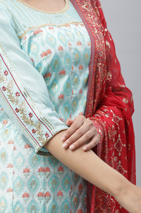 Blue Embellished Festive Kurta, Palazzo &amp; Dupatta Set
