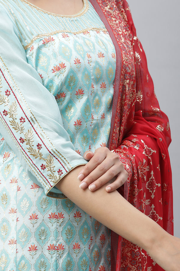 Blue Embellished Festive Kurta, Palazzo & Dupatta Set