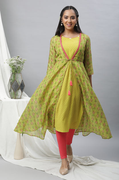 Green Kota Gilet, Textured Kurta &amp; Tights Set