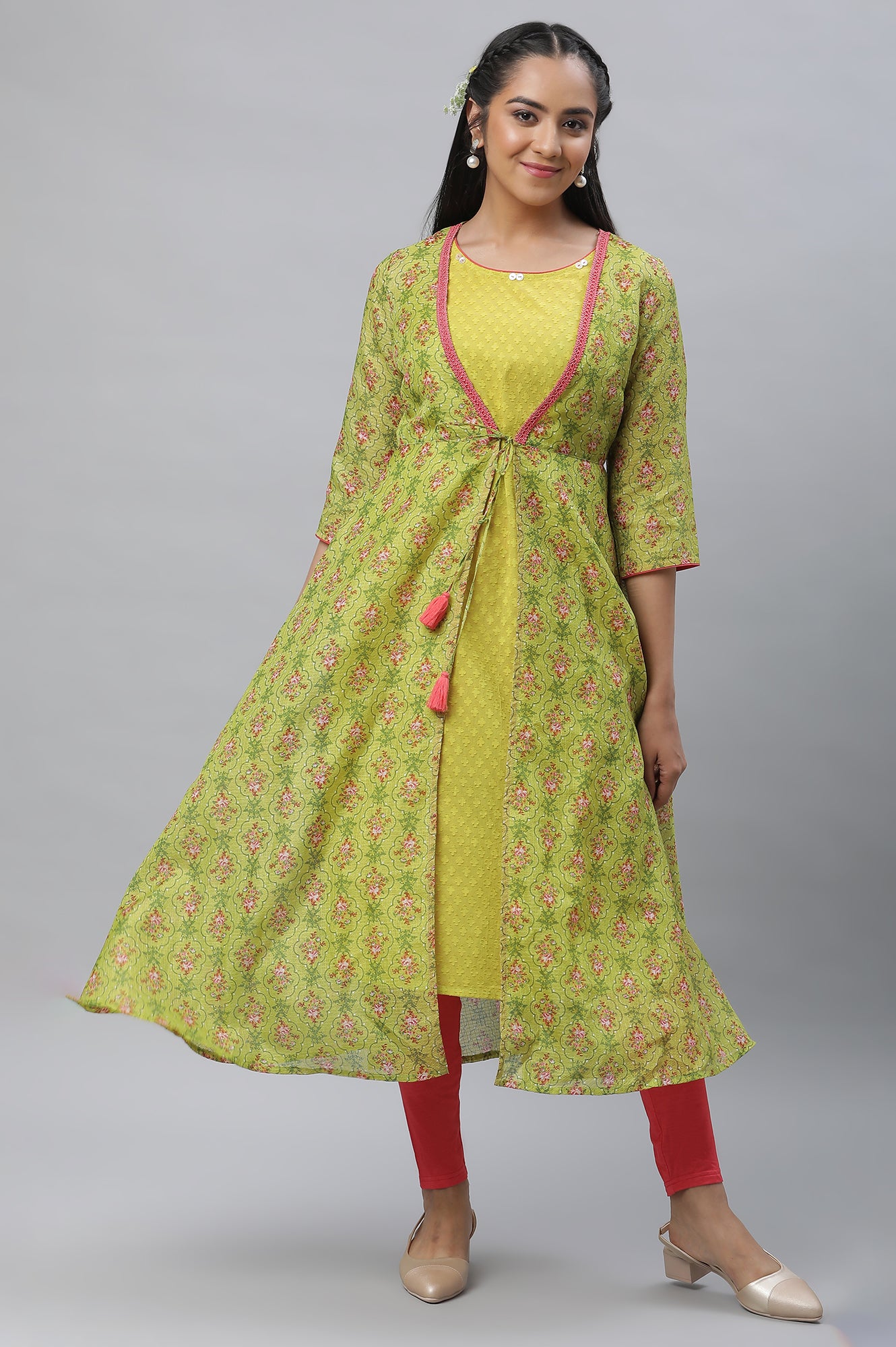 Green Kota Gilet, Textured Kurta &amp; Tights Set