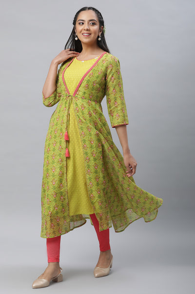 Green Kota Gilet, Textured Kurta & Tights Set