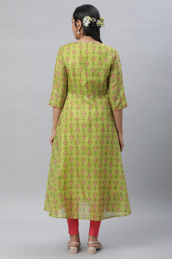 Green Kota Gilet, Textured Kurta & Tights Set