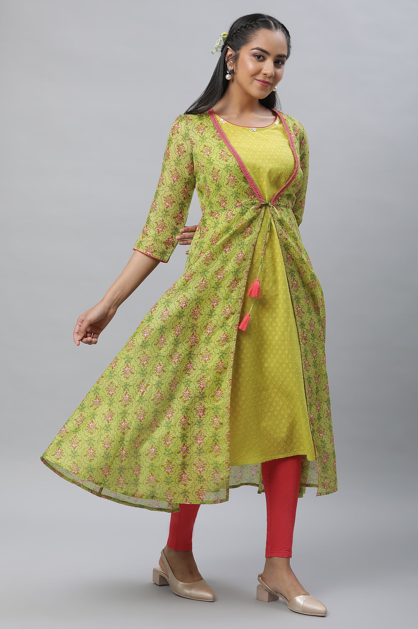 Green Kota Gilet, Textured Kurta &amp; Tights Set