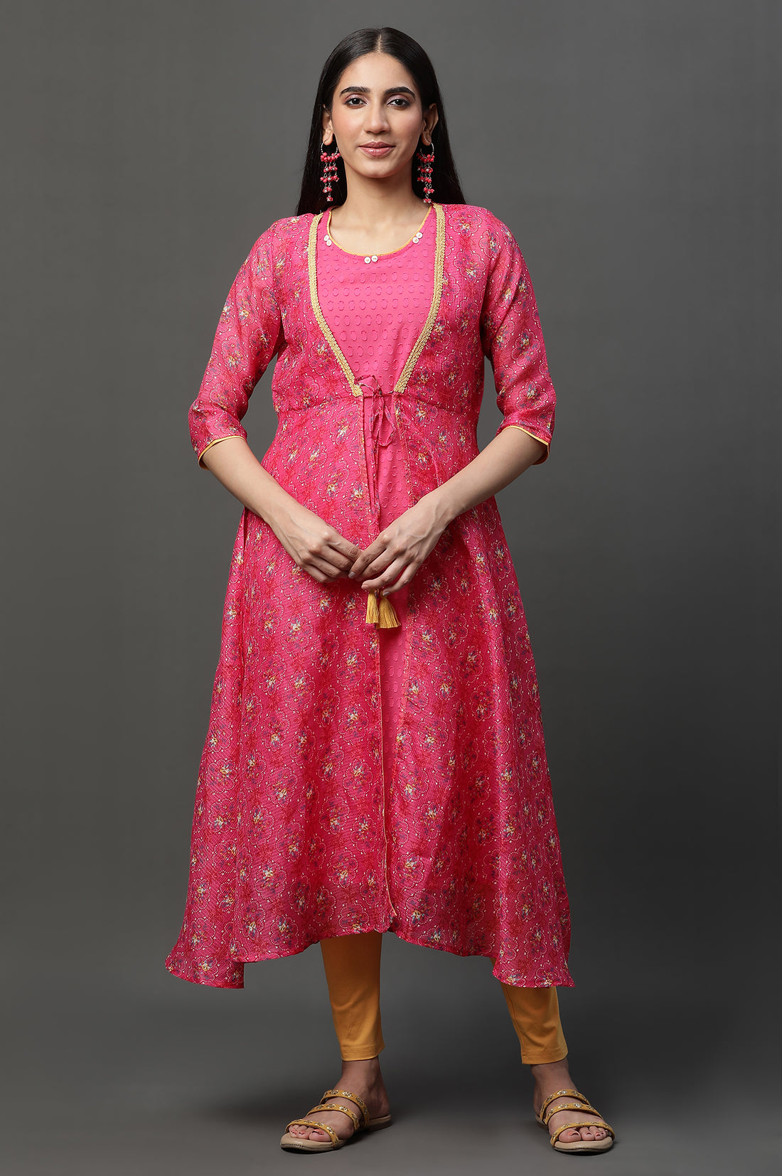 Pink Kota Gilet, Textured Kurta &amp; Tights Set