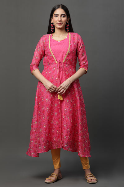Pink Kota Gilet, Textured Kurta & Tights Set