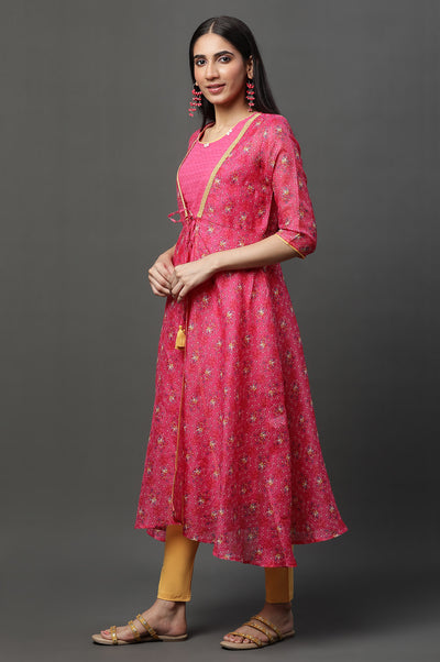Pink Kota Gilet, Textured Kurta & Tights Set