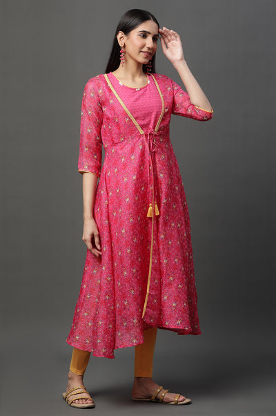 Pink Kota Gilet, Textured Kurta & Tights Set