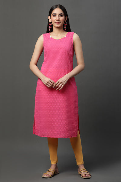 Pink Kota Gilet, Textured Kurta & Tights Set