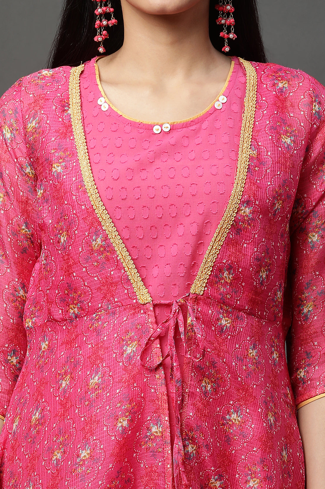 Pink Kota Gilet, Textured Kurta &amp; Tights Set