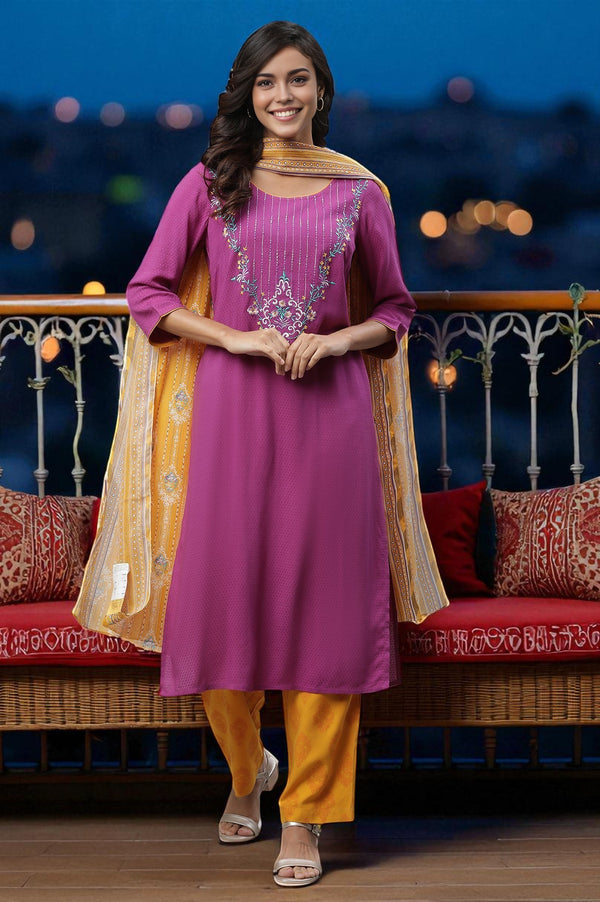 Purple Embroidered Kurta, Narrow Palazzo and Dupatta Set