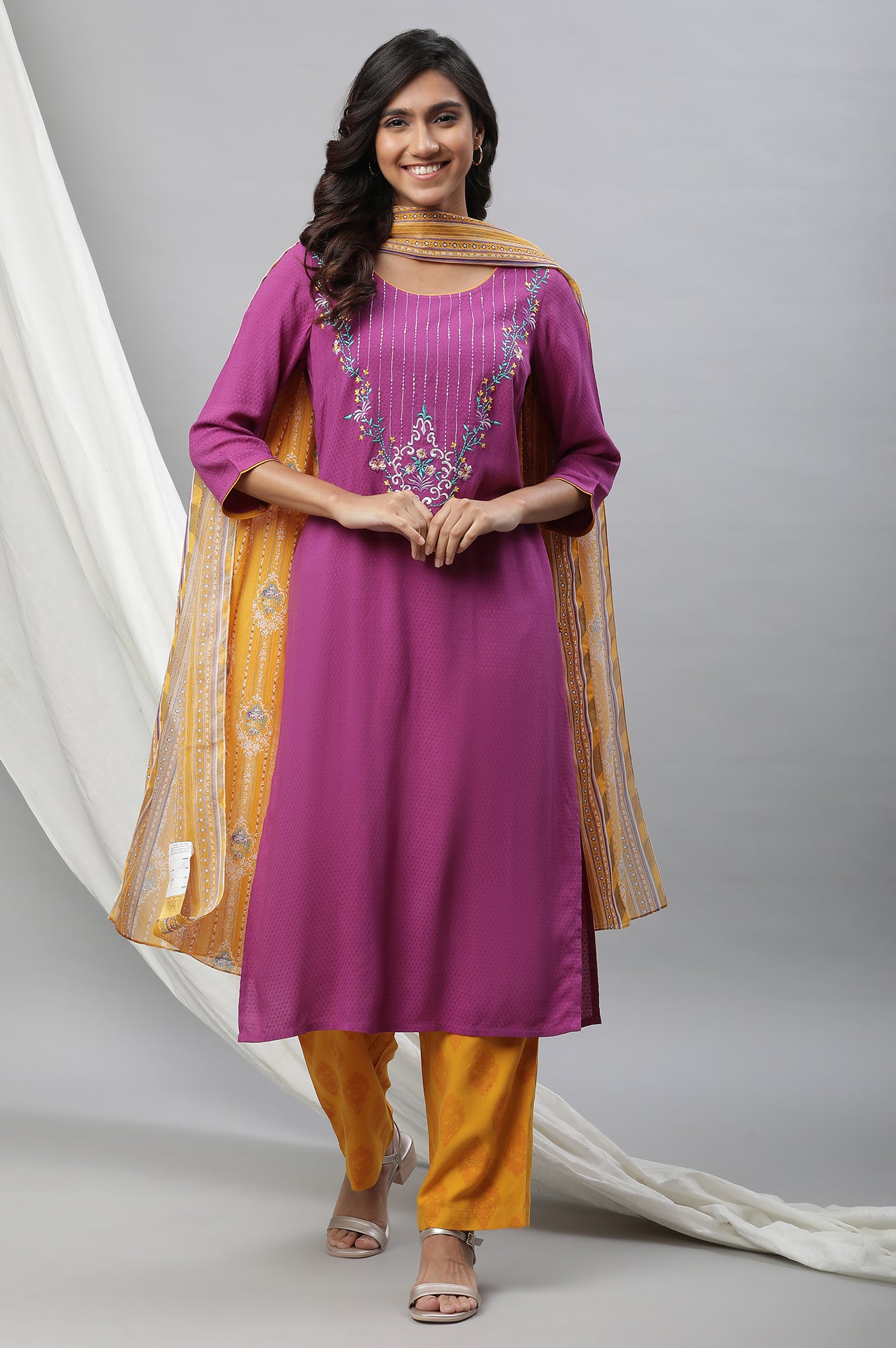 Purple Embroidered Kurta, Narrow Palazzo and Dupatta Set