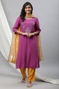 Purple Embroidered Kurta, Narrow Palazzo and Dupatta Set