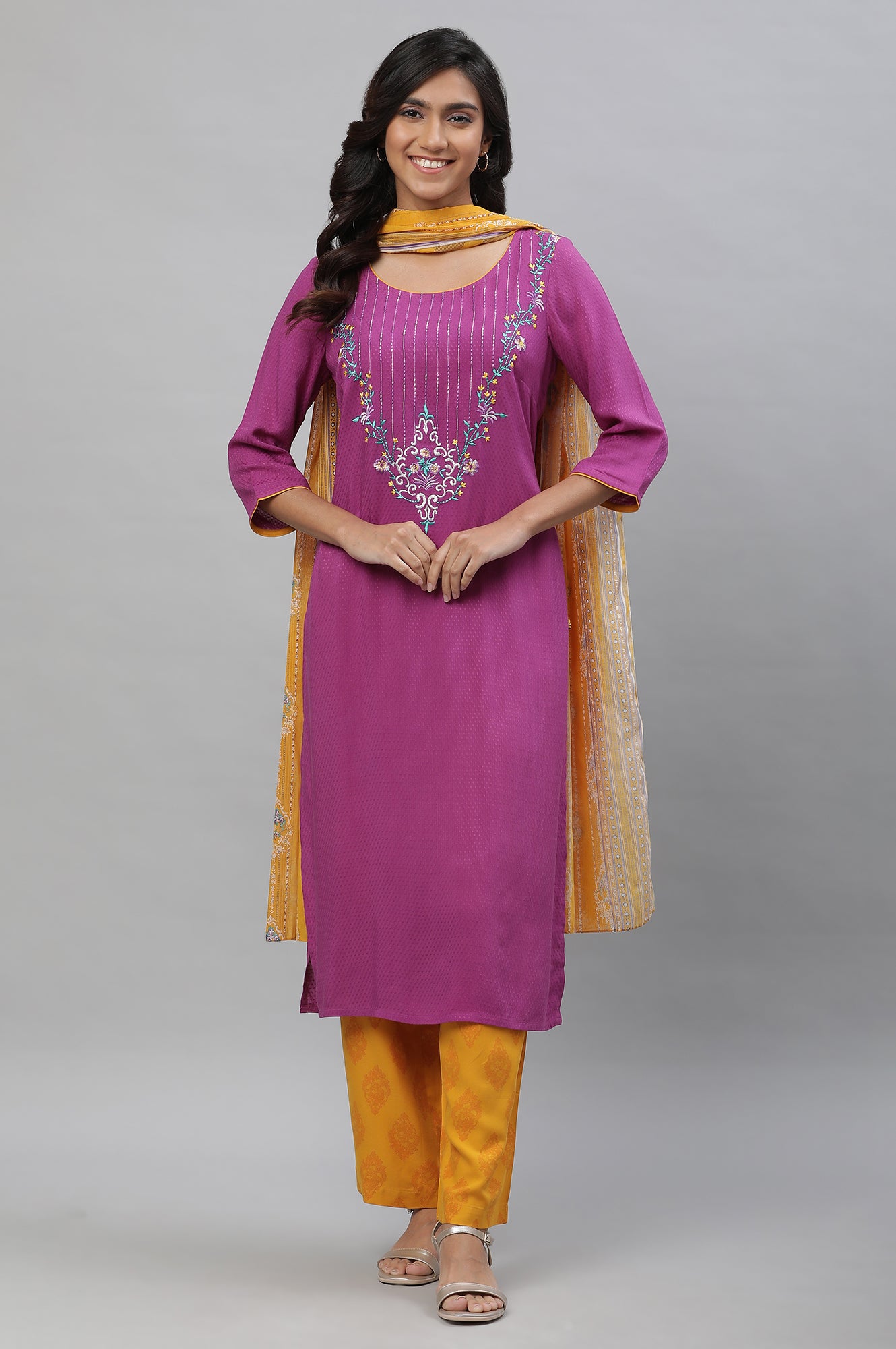 Purple Embroidered Kurta, Narrow Palazzo and Dupatta Set