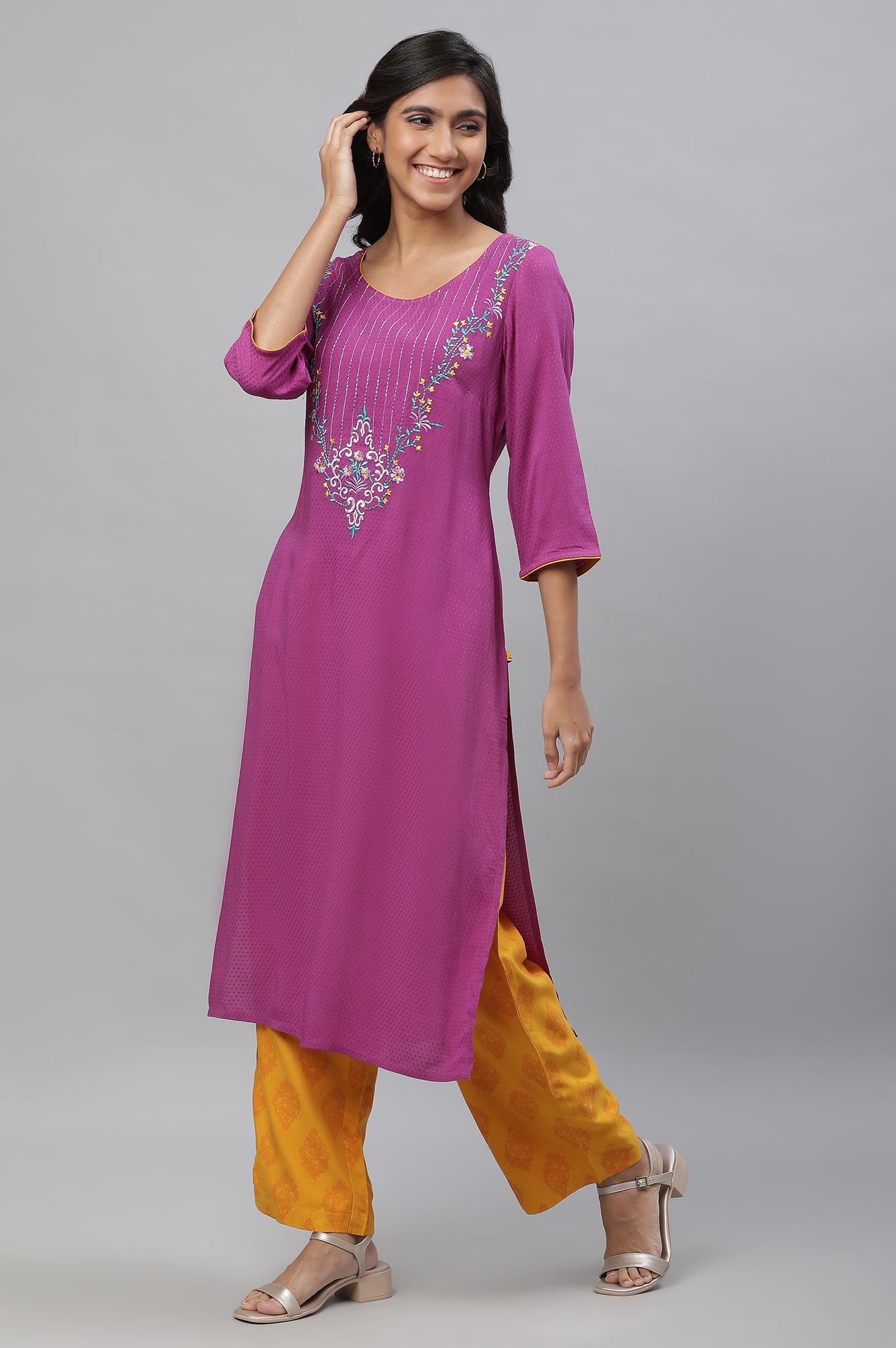 Purple Embroidered Kurta, Narrow Palazzo and Dupatta Set