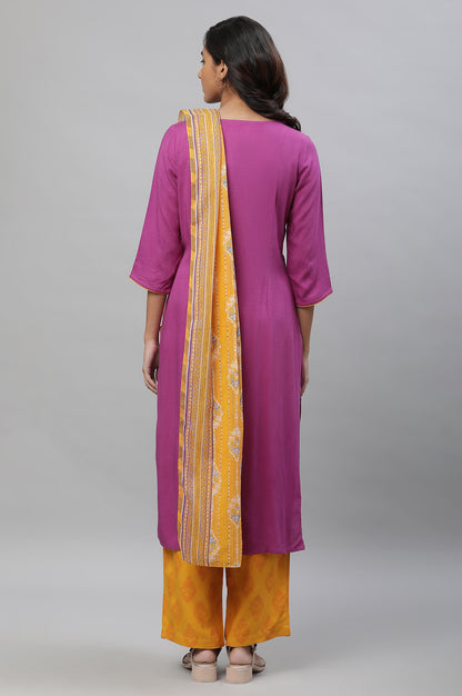 Purple Embroidered Kurta, Narrow Palazzo and Dupatta Set