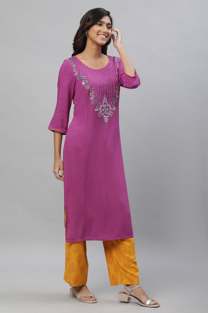 Purple Embroidered Kurta, Narrow Palazzo and Dupatta Set