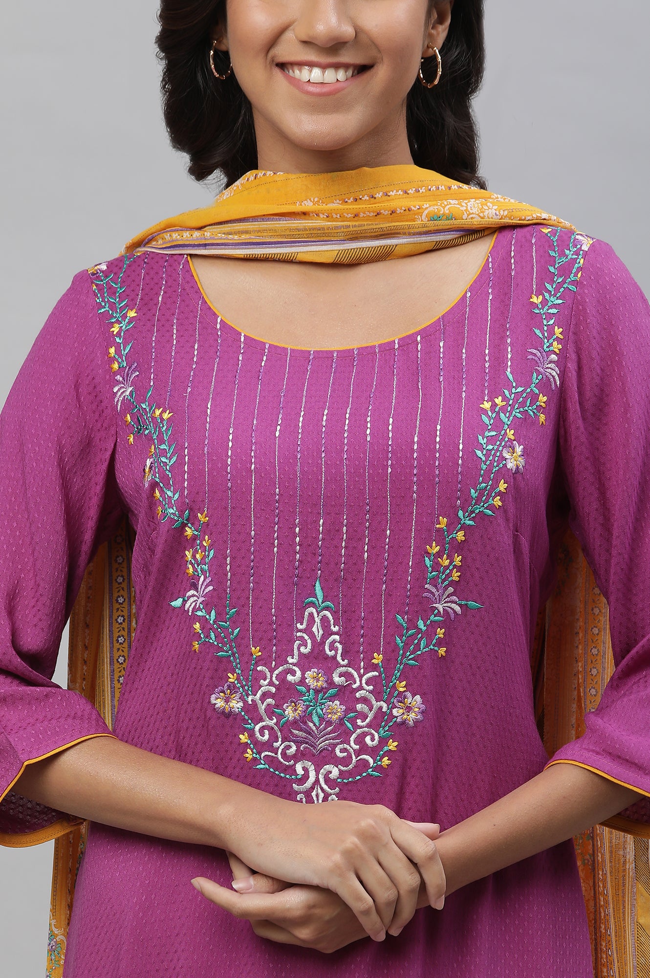 Purple Embroidered Kurta, Narrow Palazzo and Dupatta Set