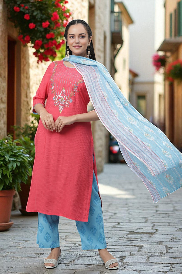 Pink Embroidered Kurta, Narrow Palazzo and Dupatta Set
