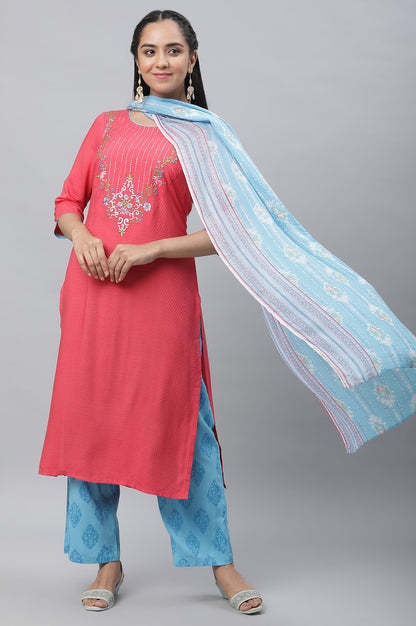 Pink Embroidered Kurta, Narrow Palazzo and Dupatta Set