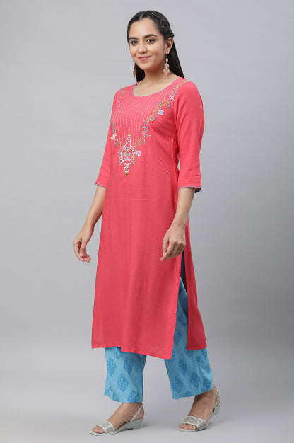 Pink Embroidered Kurta, Narrow Palazzo and Dupatta Set